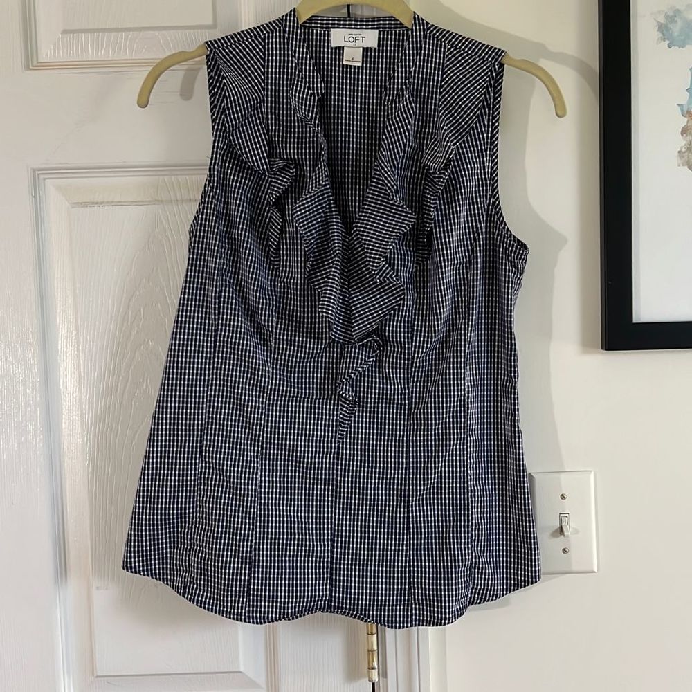 Loft Blue and White Checkered Top